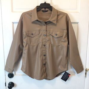 Excuse Womens Tan Faux Leather Lightweight Layering Button Up Jacket Top Large